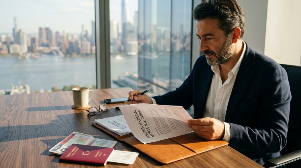 Turkish buyer reviewing Foreign National mortgage documents for a U.S. home purchase
