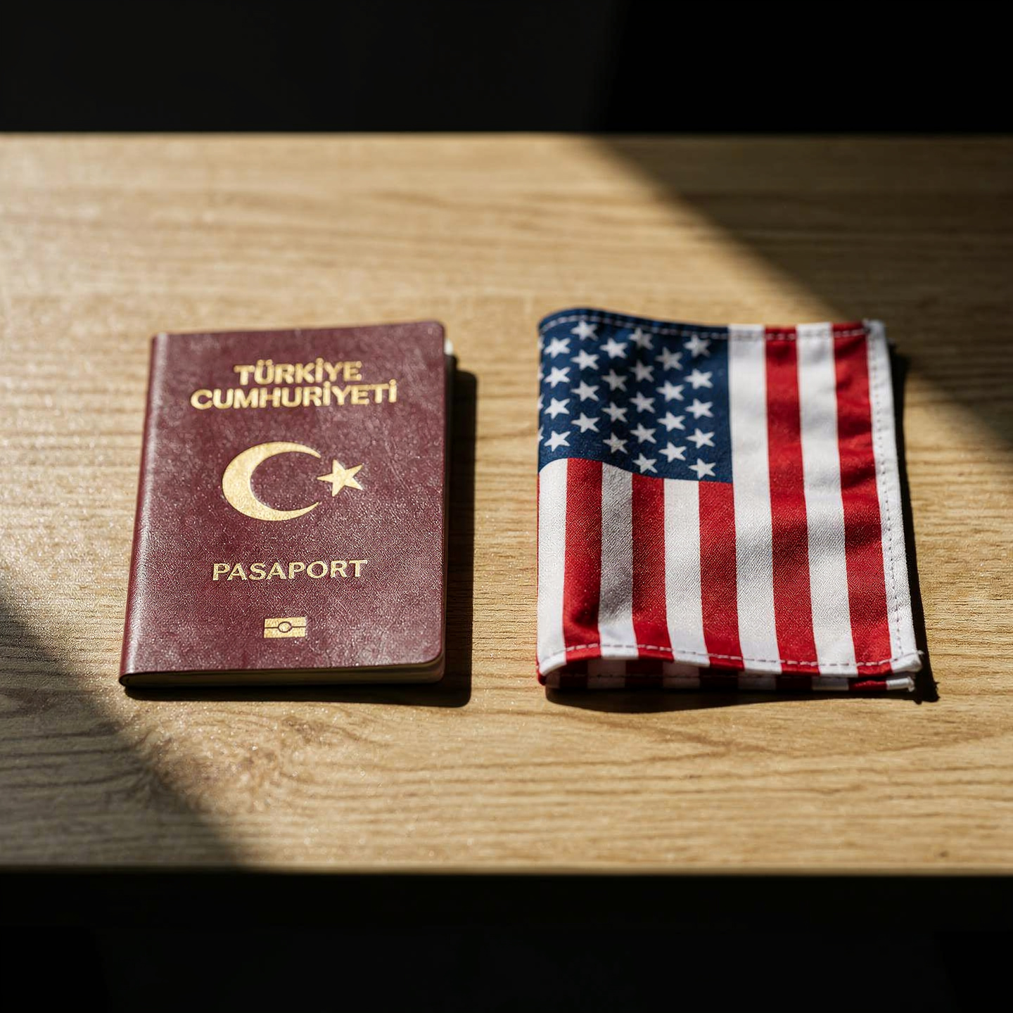 Turkish passport next to a U.S. flag on a wooden table